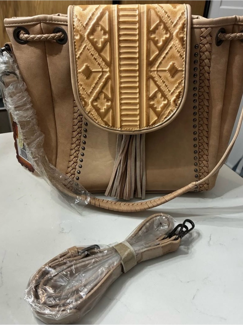 Tan Embossed Fringe Shoulder Bag with Braided Accents